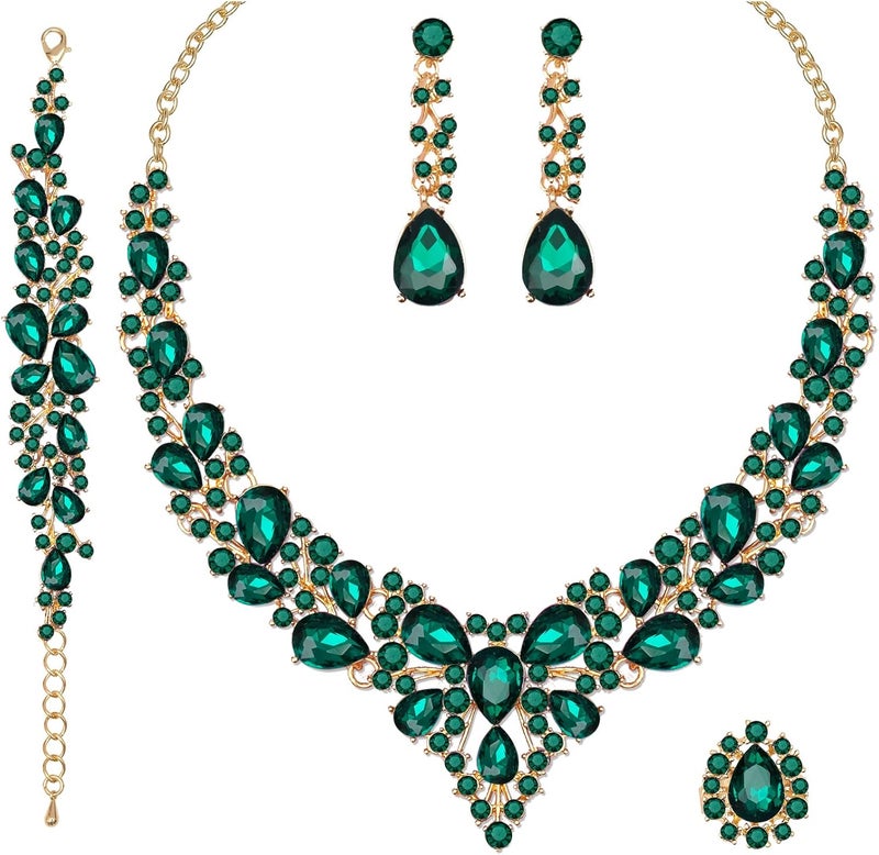 CSY 4 Pcs/Set Austrian Crystal Necklace Earrings Bracelet Ring Bridal Jewelry Sets for Brides Wedding Party Costume Accessories Gifts for Women - Image 1